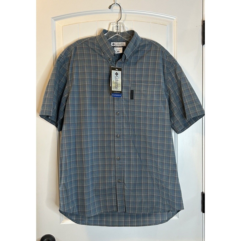 Columbia BLUE PLAID Shirt SHORT SLEEVE Button Front POCKET Casual MEN'S MED New!